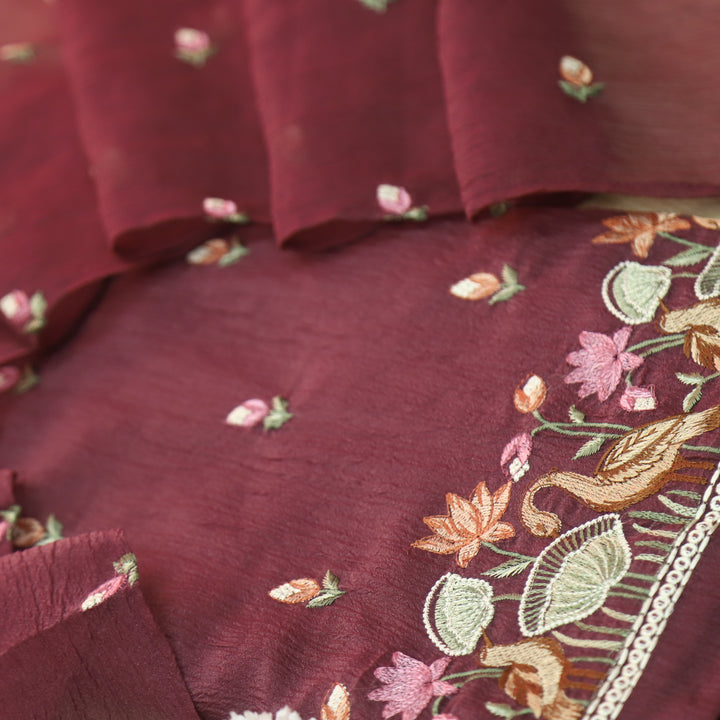 Falak Plum Purple Thread Embroidered Hem Crush Tissue Silk Suit Set D1
