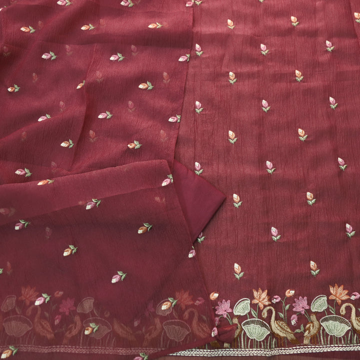 Falak Plum Purple Thread Embroidered Hem Crush Tissue Silk Suit Set D1