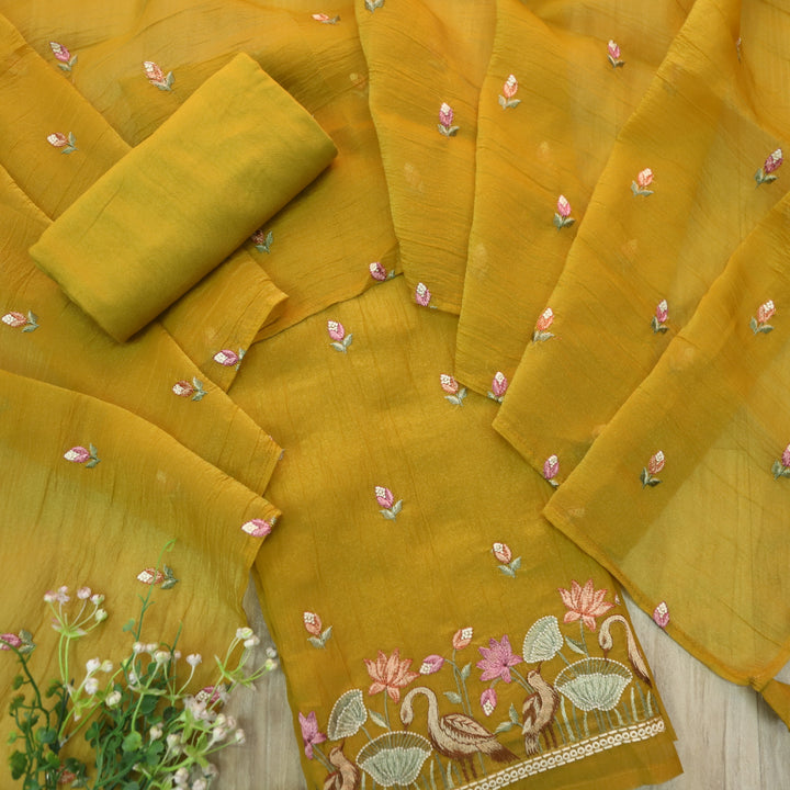 Falak Canary Yellow Thread Embroidered Hem Crush Tissue Silk Suit Set D1