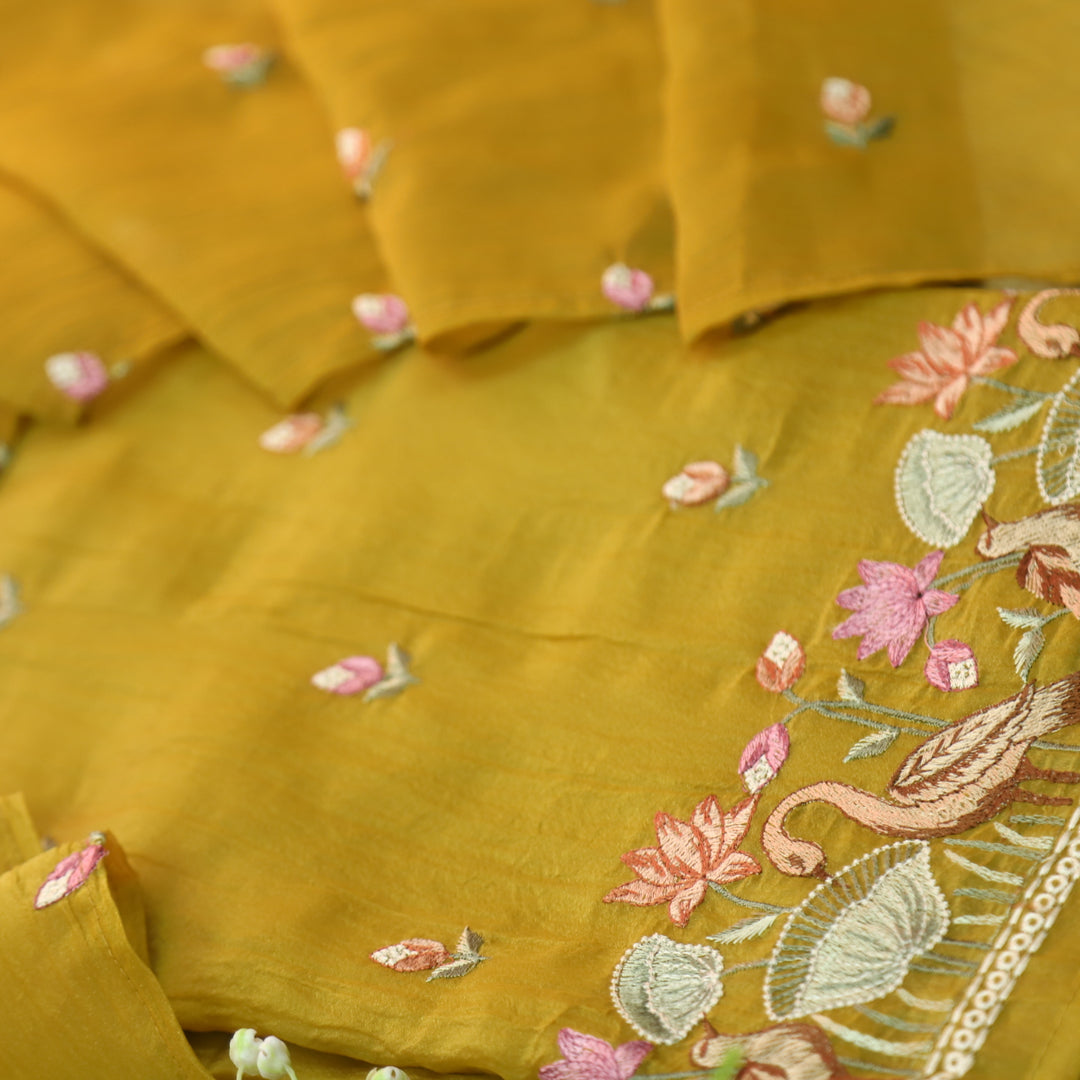 Falak Canary Yellow Thread Embroidered Hem Crush Tissue Silk Suit Set D1