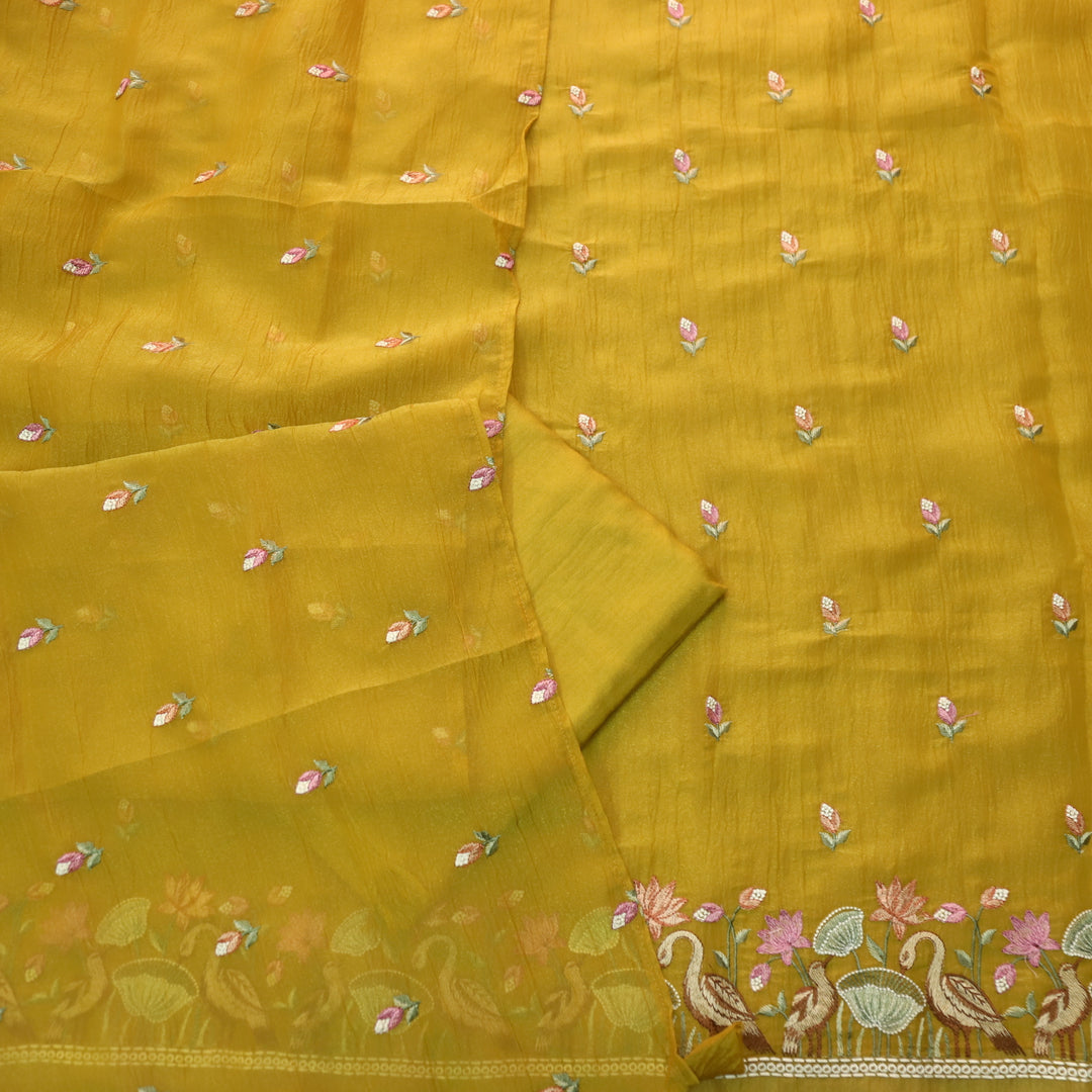 Falak Canary Yellow Thread Embroidered Hem Crush Tissue Silk Suit Set D1