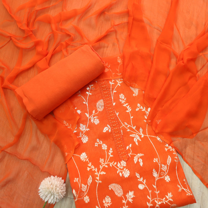 Hairat Fire Orange All Over Embellished Zari Work Dola Silk Suit Set