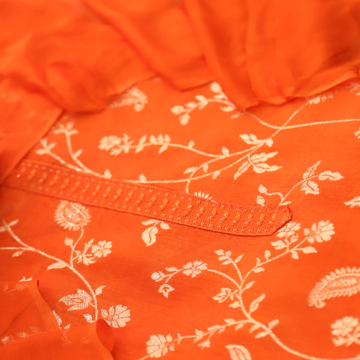 Hairat Fire Orange All Over Embellished Zari Work Dola Silk Suit Set