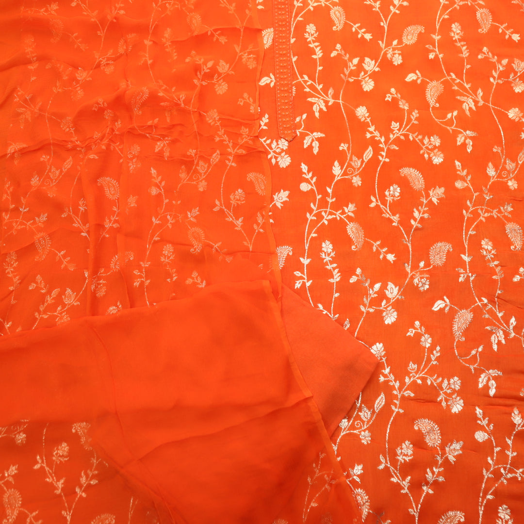 Hairat Fire Orange All Over Embellished Zari Work Dola Silk Suit Set