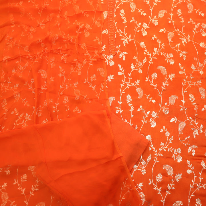 Hairat Fire Orange All Over Embellished Zari Work Dola Silk Suit Set