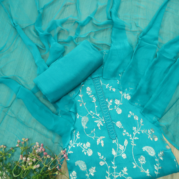 Hairat Arctic Blue All Over Embellished Zari Work Dola Silk Suit Set
