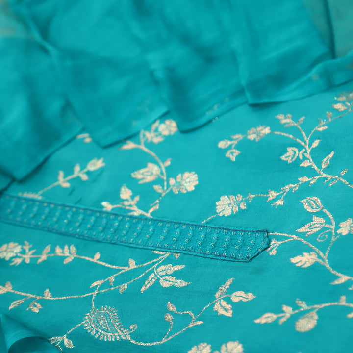Hairat Arctic Blue All Over Embellished Zari Work Dola Silk Suit Set