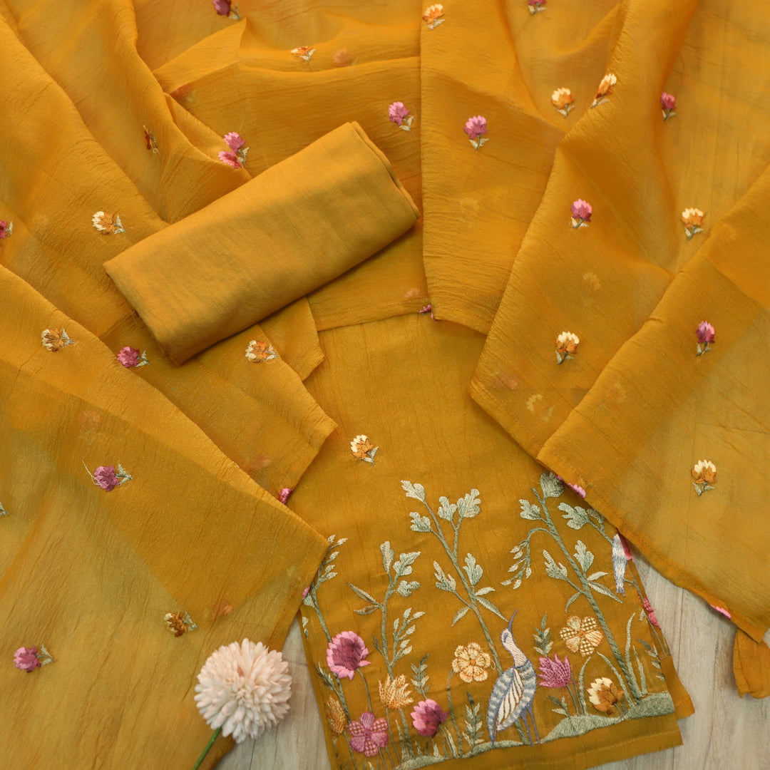 Hairat Canary Yellow Bird Thread Embroidered Hem Crush Tissue Silk Suit Set D2