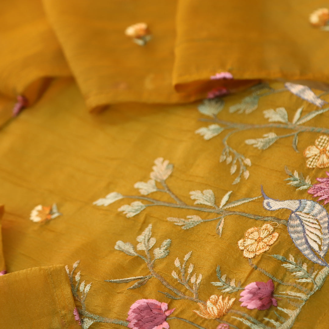 Hairat Canary Yellow Bird Thread Embroidered Hem Crush Tissue Silk Suit Set D2
