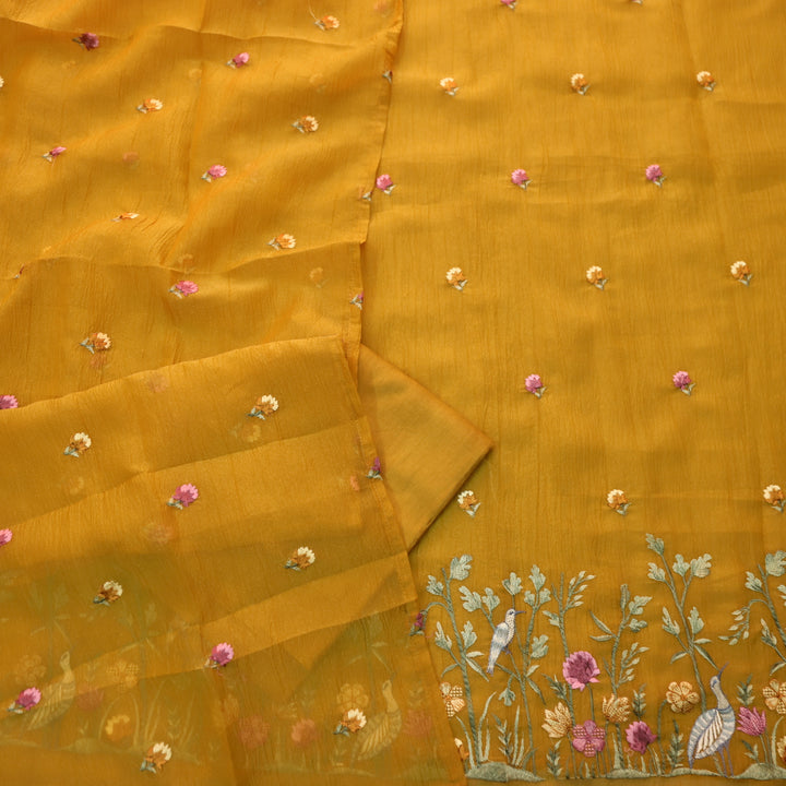 Hairat Canary Yellow Bird Thread Embroidered Hem Crush Tissue Silk Suit Set D2
