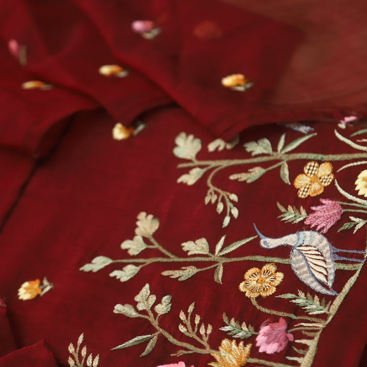 Hairat Burgundy Red Bird Thread Embroidered Hem Crush Tissue Silk Suit Set D2