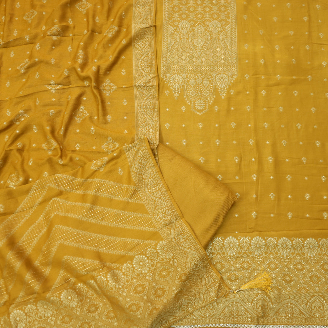 Garj Canary Yellow All Over Weaved Neck Work Semi Pashmina Winter Suit Set