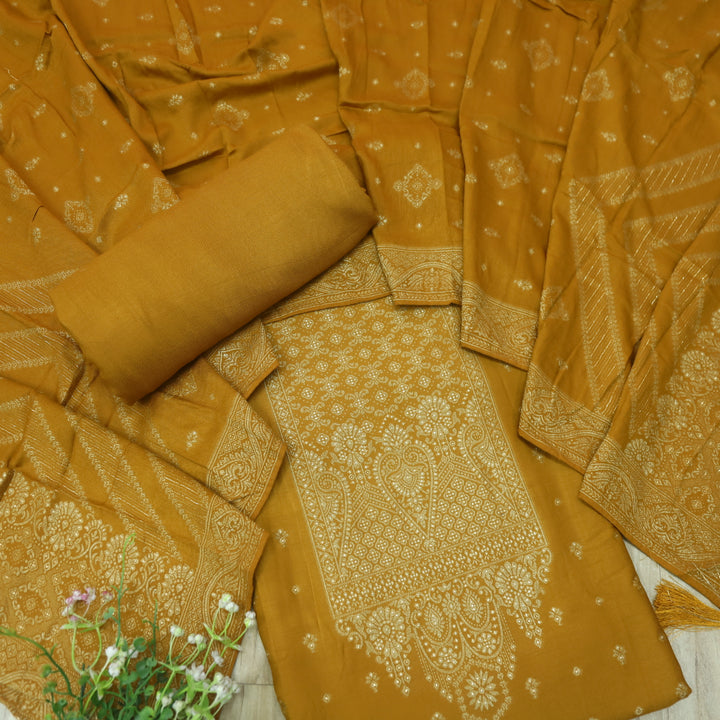 Garj Canary Yellow All Over Weaved Neck Work Semi Pashmina Winter Suit Set