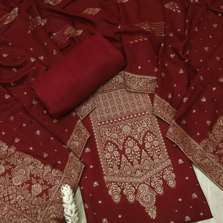 Garj Cherry Maroon All Over Weaved Neck Work Semi Pashmina Winter Suit Set