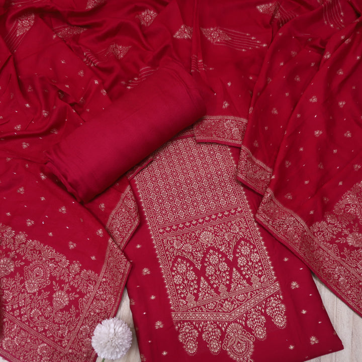 Garj Rani Pink All Over Weaved Neck Work Semi Pashmina Winter Suit Set