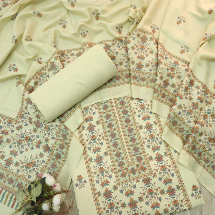 Jhilmil Macaroon Beige All Over Digital Print Semi Pashmina Winter Suit Set-D1