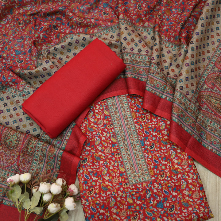 Kalaaiya Bright Red All Over Floral Printed Semi Pashmina Winter Suit Set-D1