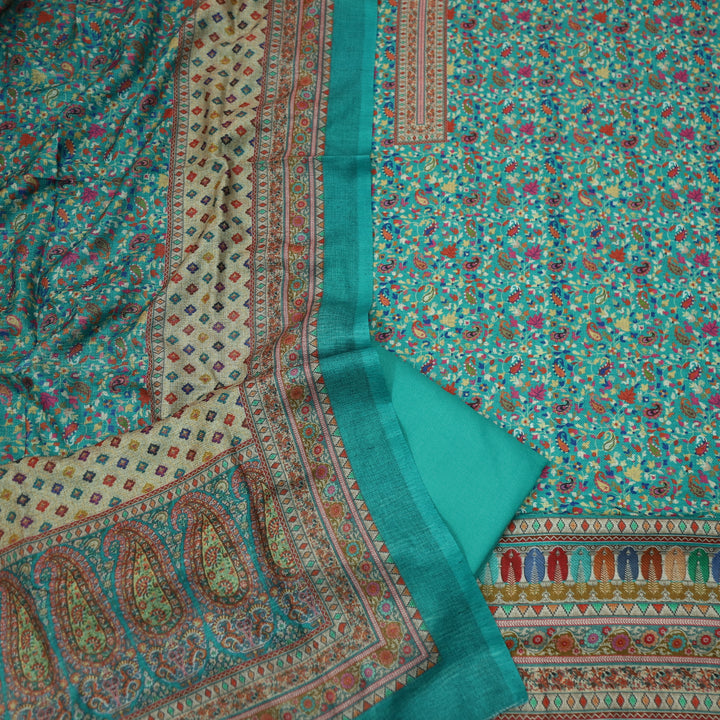 Kalaaiya Cyan Teal All Over Floral Printed Semi Pashmina Winter Suit Set-D1