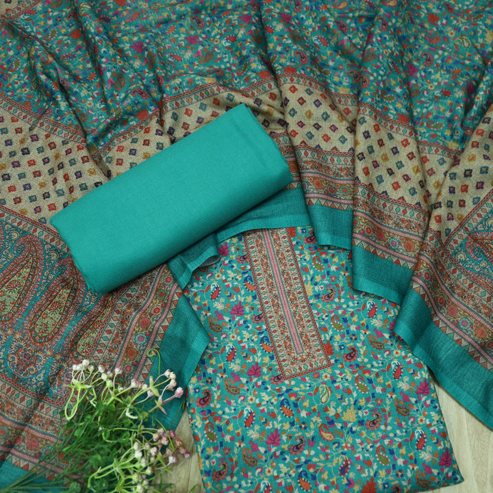 Kalaaiya Cyan Teal All Over Floral Printed Semi Pashmina Winter Suit Set-D1