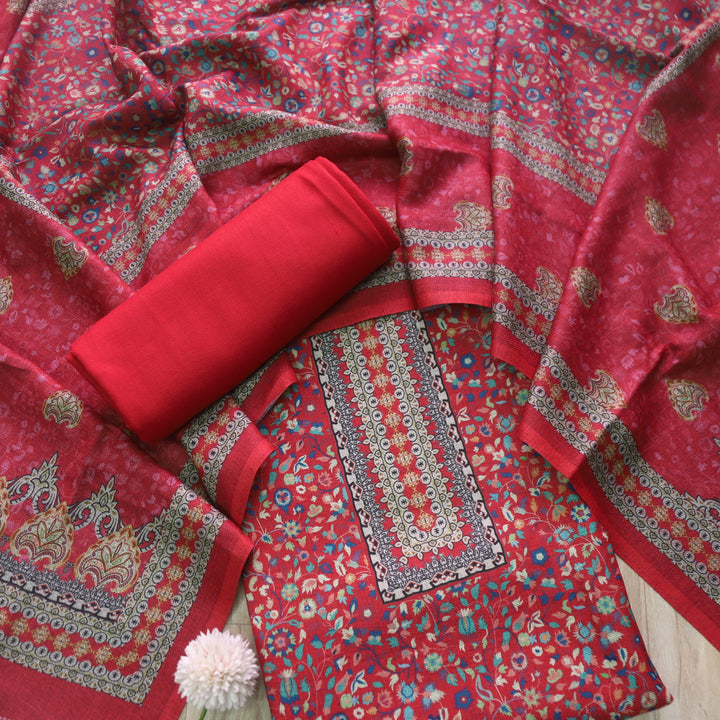 Heer Cherry Maroon All Over Floral Printed Semi Pashmina Winter Suit Set-D2