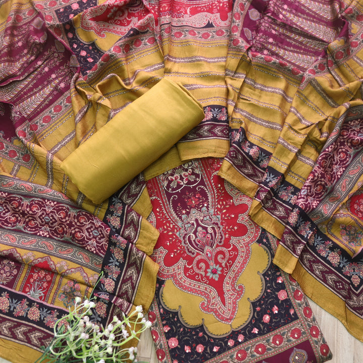 Garj Dijon Mustard Digital Print In Semi Pashmina Winter Suit Set-D1