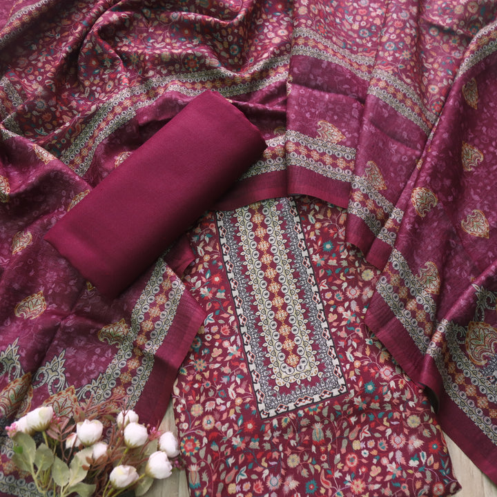 Heer Wine Purple All Over Floral Printed Semi Pashmina Winter Suit Set-D2