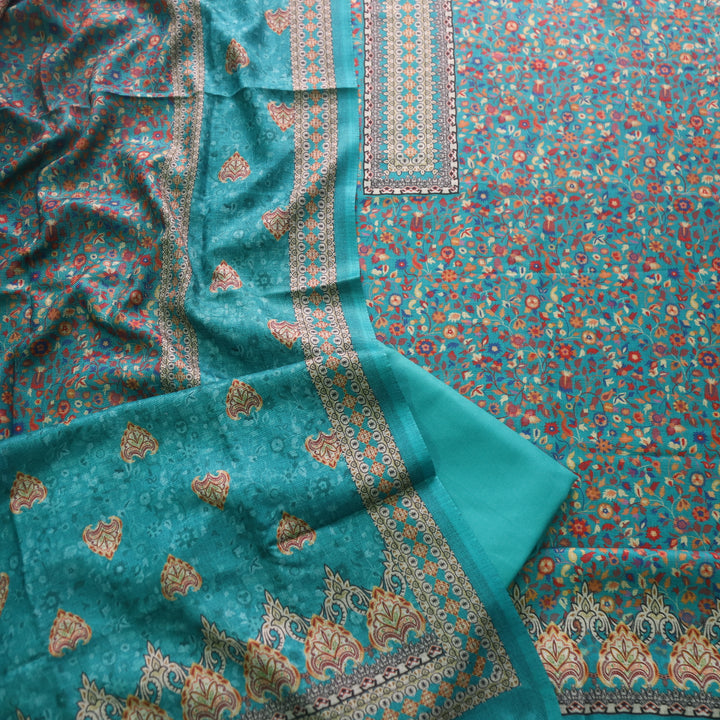 Heer Aqua Teal All Over Floral Printed Semi Pashmina Winter Suit Set-D2