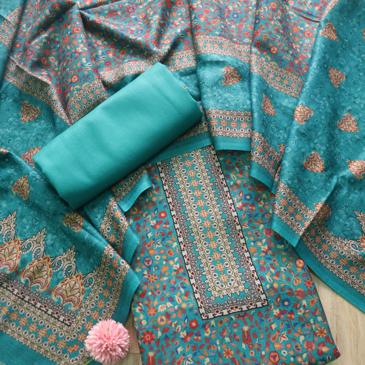 Heer Aqua Teal All Over Floral Printed Semi Pashmina Winter Suit Set-D2