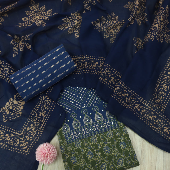 Anokhi Mehendi Green with Patra Patch in Printed Cotton Suit Set