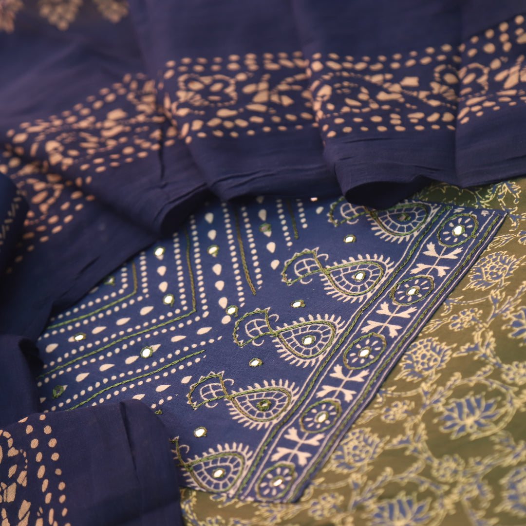 Anokhi Mehendi Green with Patra Patch in Printed Cotton Suit Set
