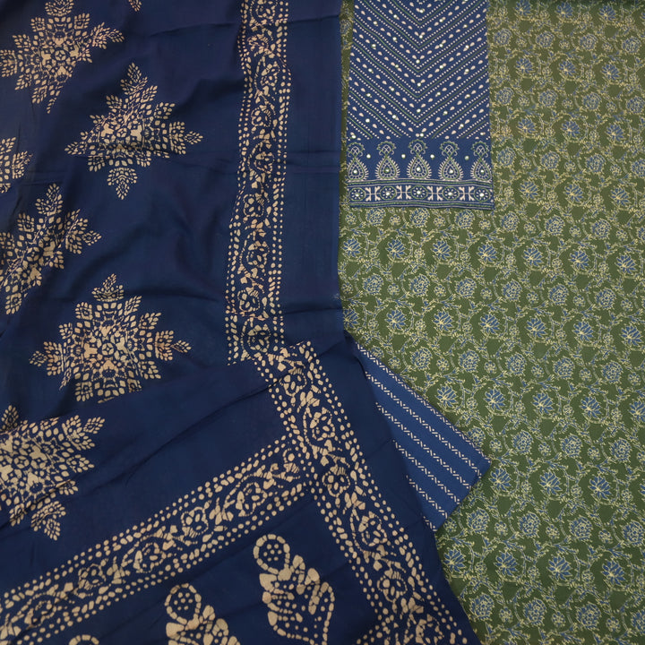 Anokhi Mehendi Green with Patra Patch in Printed Cotton Suit Set