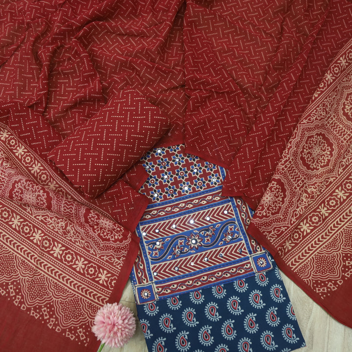 Hairat Denim Blue with Patra Patch in Ajrak Printed Cotton Suit Set