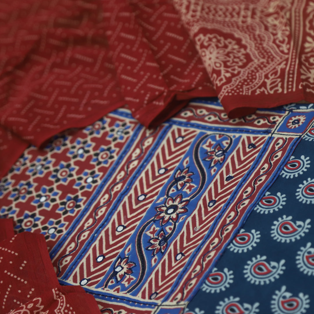 Hairat Denim Blue with Patra Patch in Ajrak Printed Cotton Suit Set
