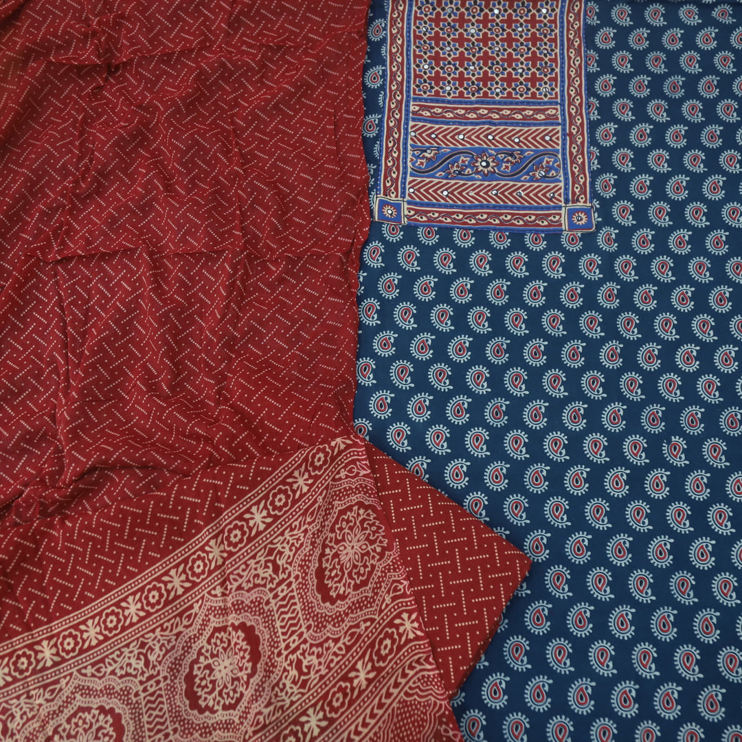 Hairat Denim Blue with Patra Patch in Ajrak Printed Cotton Suit Set