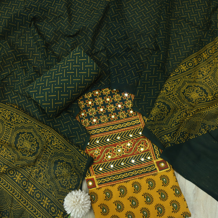 Hairat Canary Yellow with Patra Patch in Ajrak Printed Cotton Suit Set