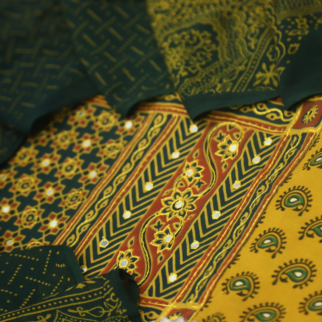 Hairat Canary Yellow with Patra Patch in Ajrak Printed Cotton Suit Set
