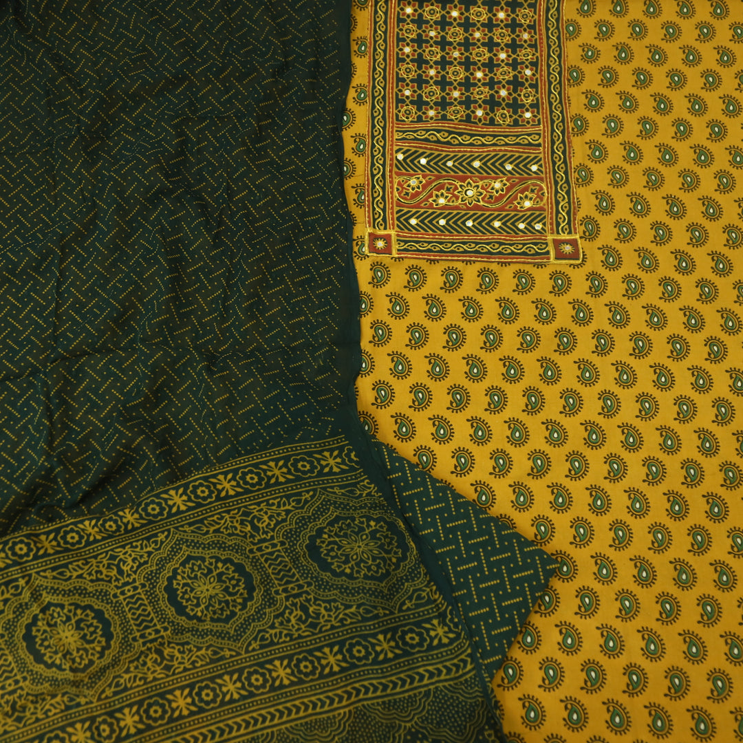 Hairat Canary Yellow with Patra Patch in Ajrak Printed Cotton Suit Set