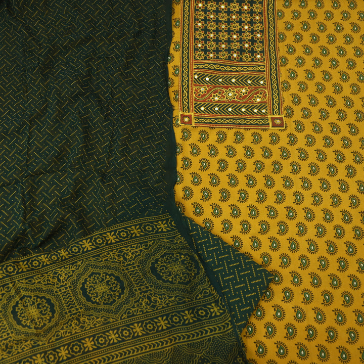 Hairat Canary Yellow with Patra Patch in Ajrak Printed Cotton Suit Set