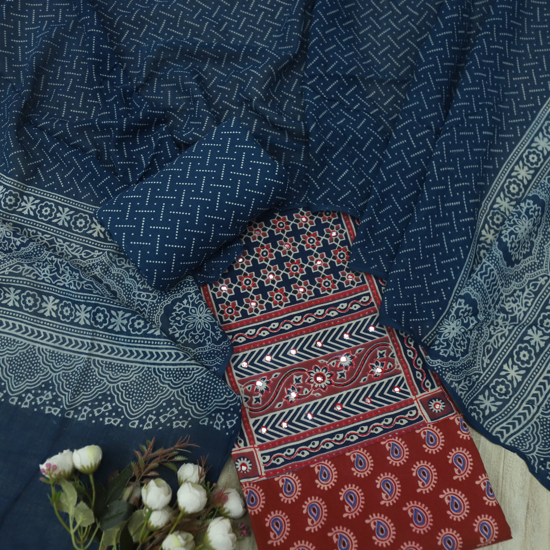 Hairat Apple Red with Patra Patch in Ajrak Printed Cotton Suit Set