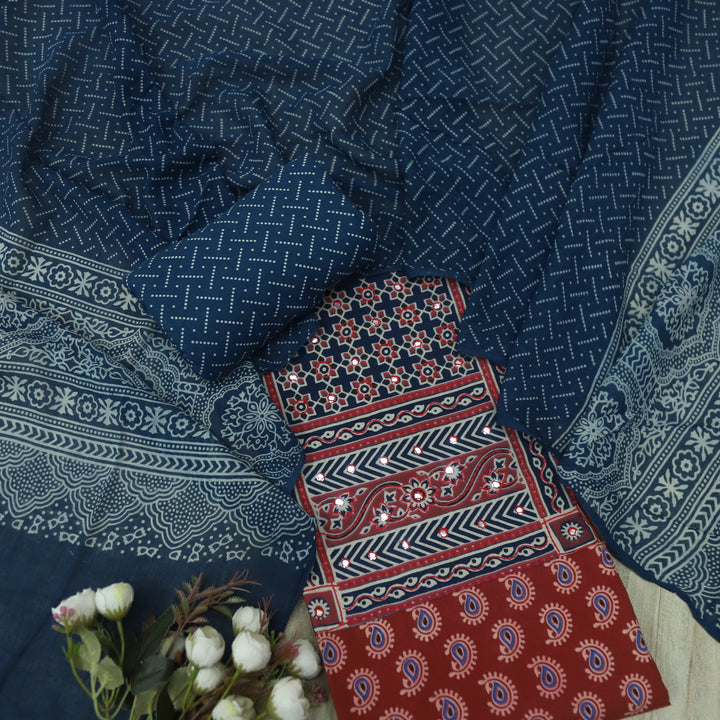 Hairat Apple Red with Patra Patch in Ajrak Printed Cotton Suit Set