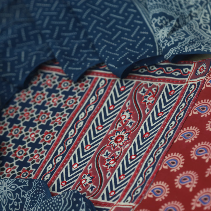 Hairat Apple Red with Patra Patch in Ajrak Printed Cotton Suit Set