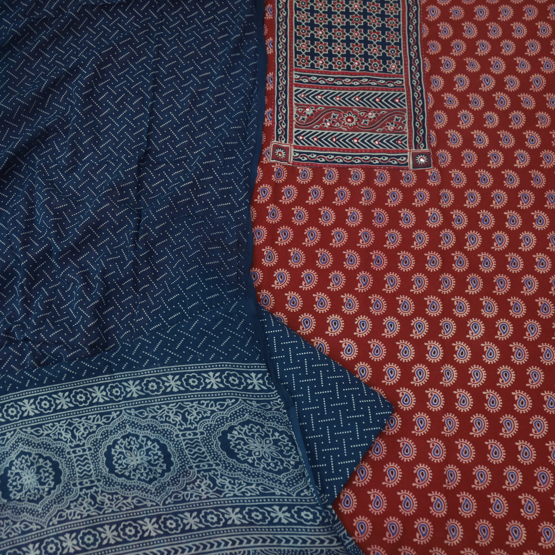 Hairat Apple Red with Patra Patch in Ajrak Printed Cotton Suit Set