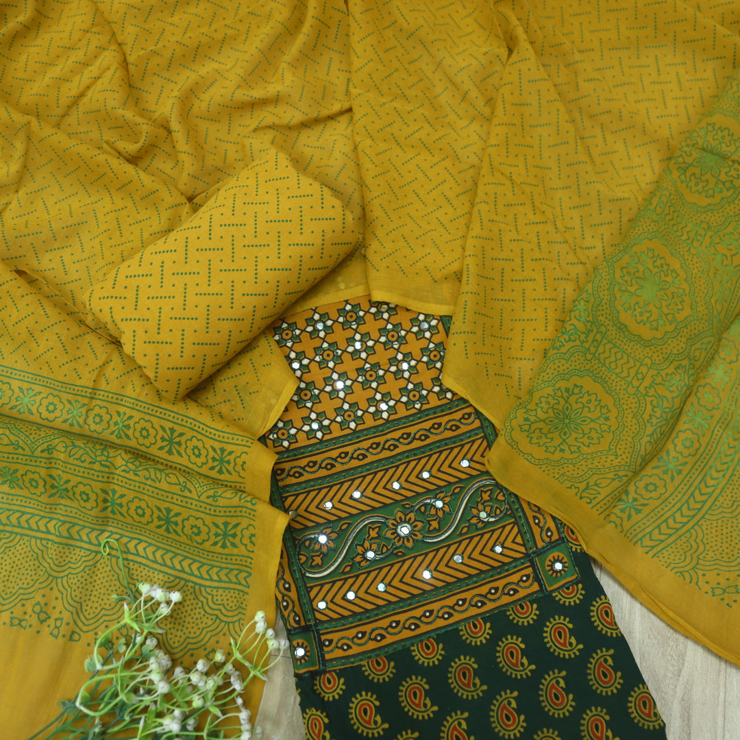 Hairat Grass Green with Patra Patch in Ajrak Printed Cotton Suit Set
