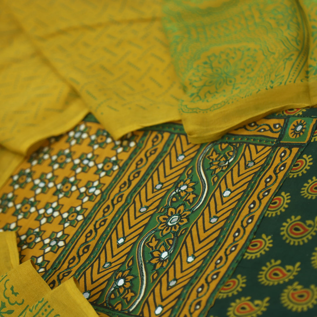 Hairat Grass Green with Patra Patch in Ajrak Printed Cotton Suit Set