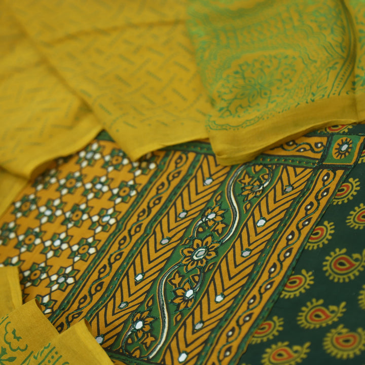 Hairat Grass Green with Patra Patch in Ajrak Printed Cotton Suit Set
