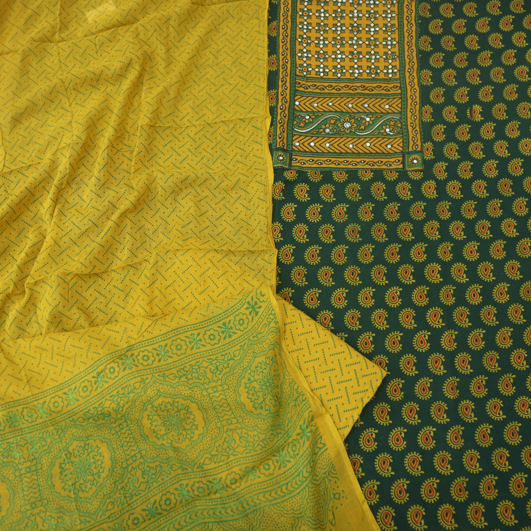 Hairat Grass Green with Patra Patch in Ajrak Printed Cotton Suit Set