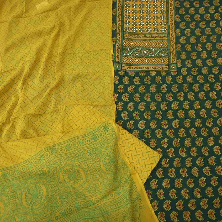 Hairat Grass Green with Patra Patch in Ajrak Printed Cotton Suit Set