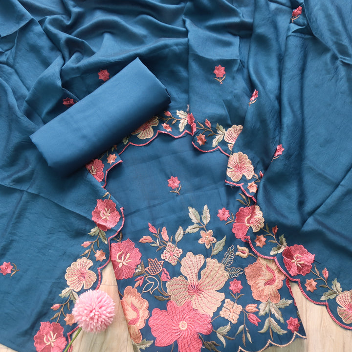 Hridaya Royal Blue Thread Embroidered Hem Modal Suit Set