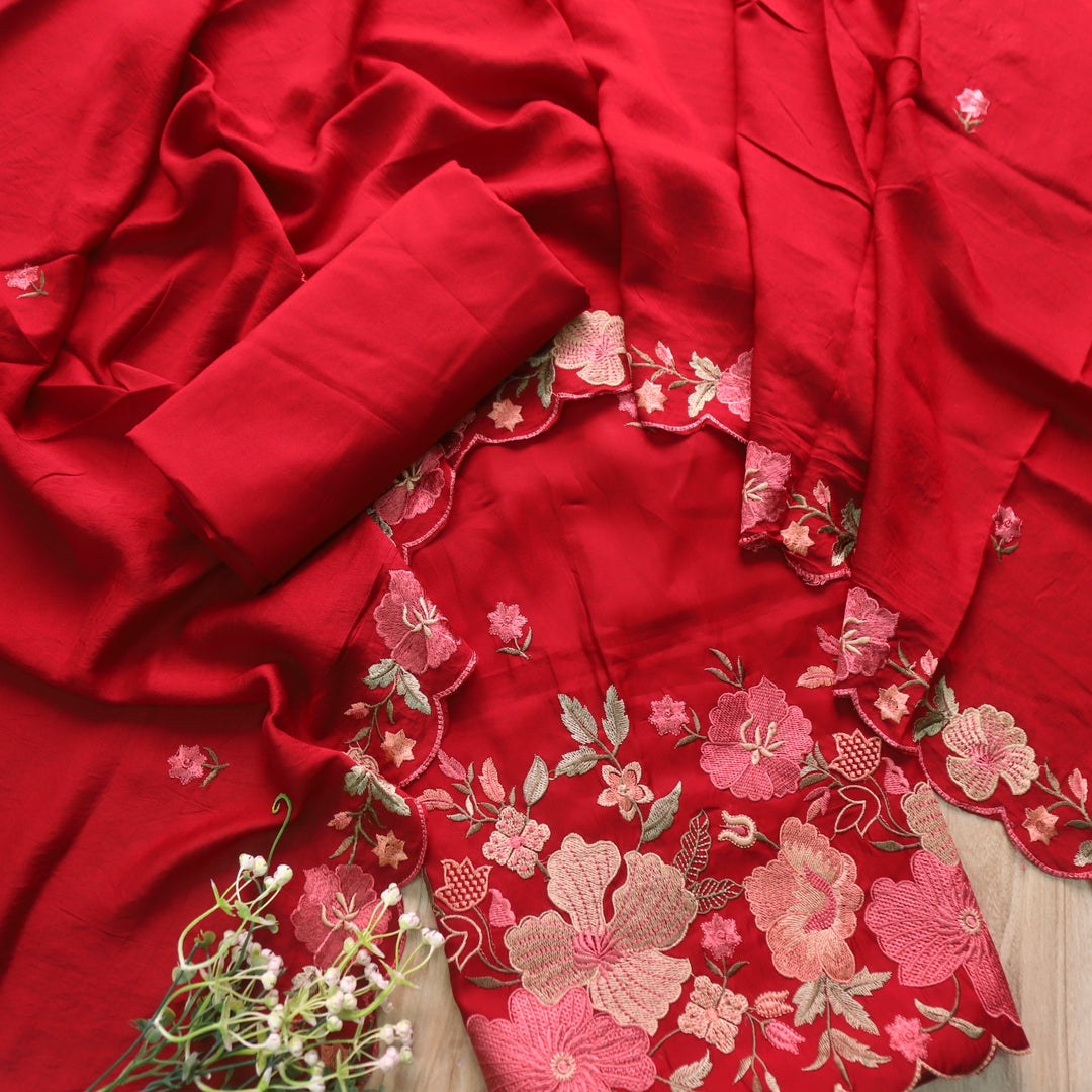 Hridaya Bride Red Thread Embroidered Hem Modal Suit Set