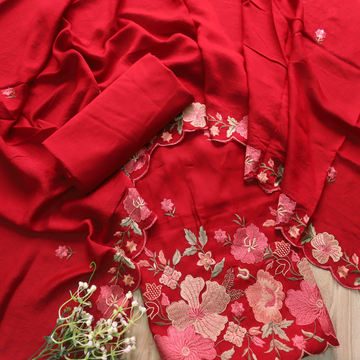 Hridaya Bride Red Thread Embroidered Hem Modal Suit Set